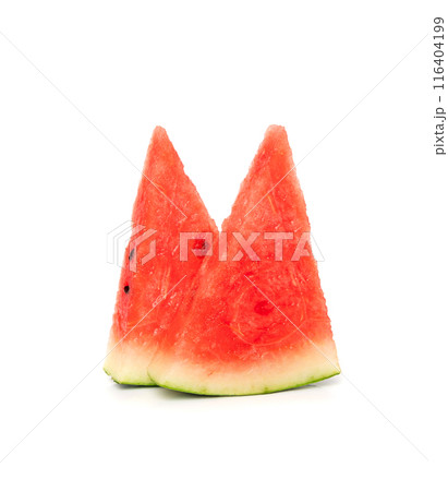 Watermelon pieces isolated. Water melon wedges pile, chopped Citrullus lanatus, red wassermelone cuts group Watermelon pieces isolated. Water melon wedges pile, chopped Citrullus lanatus, red wassermelone cuts group 116404199