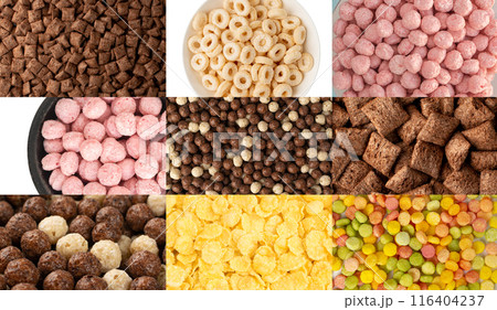 Breakfast cereal balls mix texture background, crunchy corn cereals collage, color crispy corn balls pattern Breakfast cereal balls mix texture background, crunchy corn cereals collage, color crispy corn balls pattern 116404237