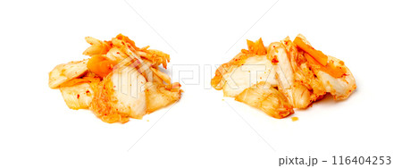 Kimchee isolated. Spicy kim chi pile, hot fermented napa cabbage, traditional jimchi, korean gimchi 116404253