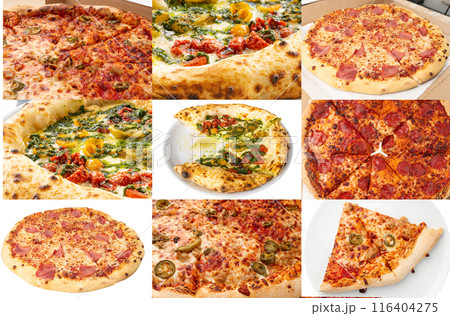 Pizza Filling Collage, Pepperoni Pizza with Different Tomatoes and Basil Sauce Closeup, Traditional Italian Flatbread Pizza Filling Collage, Pepperoni Pizza with Different Tomatoes and Basil Sauce Closeup, Traditional Italian Flatbread 116404275