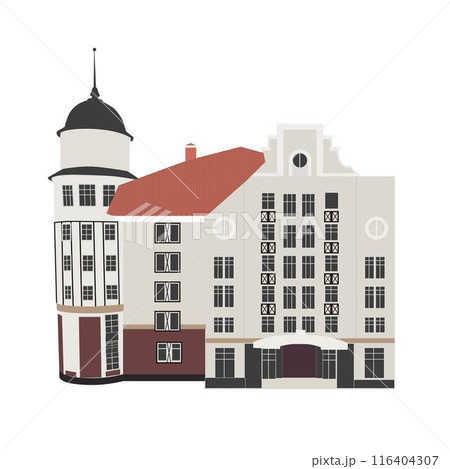 Authentic european historical buildings. German old architecture style. Cute colorful brick houses. Vector line color illustration. Authentic european historical buildings. German old architecture style. Cute colorful brick houses. Vector line color illustration. 116404307