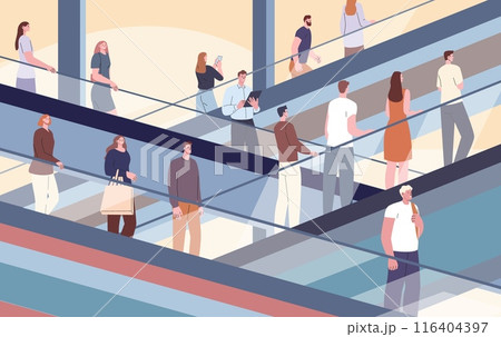 People on escalators. Men women move up and down on moving staircase in shopping mall, office center airport or subway. Public space kicky vector scene 116404397