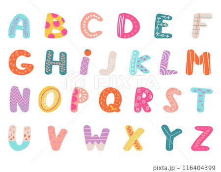Hand drawn cartoon letters. Doodle alphabet scandinavian style with decorative ornaments. Baby signs, cute cartoon childish nowaday vector elements 116404399