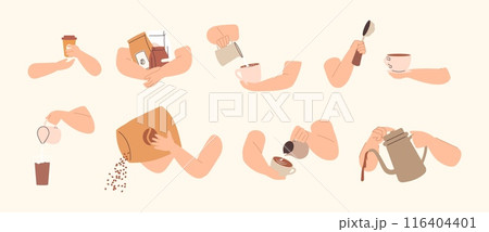 Hand with coffee cups and makers. Pour grains and cocoa beans, milk jug with cream. Espresso americano cappuccino latte, drinks in hands vector clipart Hand with coffee cups and makers. Pour grains and cocoa beans, milk jug with cream. Espresso americano cappuccino latte, drinks in hands vector clipart 116404401