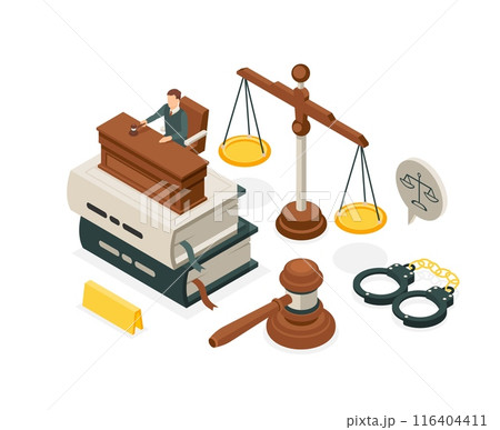 Isometric law concept. Judge makes decision, justice elements judges gavel scales and books. Court or trial, accusation or acquittal flawless vector scene Isometric law concept. Judge makes decision, justice elements judges gavel scales and books. Court or trial, accusation or acquittal flawless vector scene 116404411