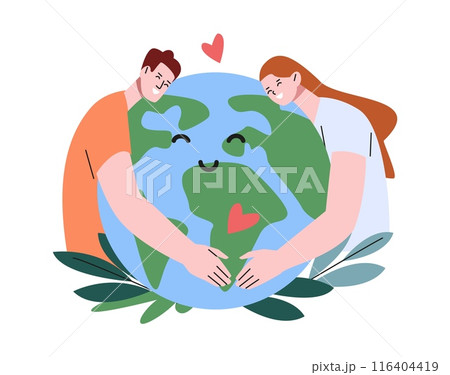 Safe planet poster. Smiling couple hugging earth, hold globe in hands. Eco friendly and support nature and environment, green kicky vector concept 116404419