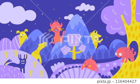 Abstract creatures background. Fantastic location with imaginary monsters and fictional plants. Strange creature in surreal world neoteric vector scene Abstract creatures background. Fantastic location with imaginary monsters and fictional plants. Strange creature in surreal world neoteric vector scene 116404427
