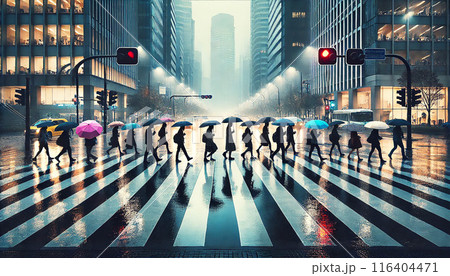 雨の日の歩道を歩く人々 116404471