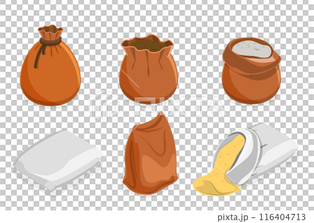 3D Isometric Flat Set of Sacks Full of Grains, Agricultural Products 3D Isometric Flat Set of Sacks Full of Grains, Agricultural Products 116404713