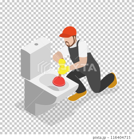 3D Isometric Flat  Illustration of Plumber , Unclogging DDirty Water Pipe 116404715