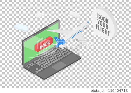 3D Isometric Flat  Illustration of Flight Tickets Online Booking Service, Airline Traveling 116404718