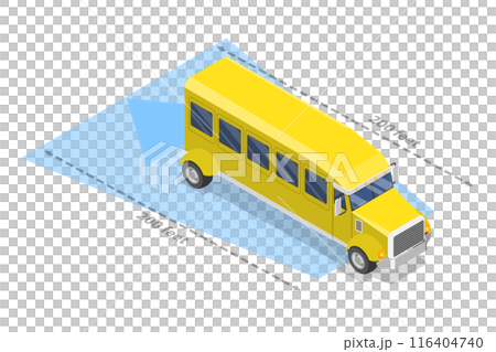 3D Isometric Flat  Illustration of School Bus Blind Spot Area, Safe Driving Tips 116404740