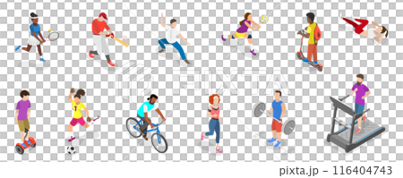 3D Isometric Flat Set of Different Physical Activities, Healthy Activity and Lifestyle 3D Isometric Flat Set of Different Physical Activities, Healthy Activity and Lifestyle 116404743