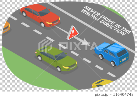 3D Isometric Flat  Illustration of Driving in the Wrong Direction on the Road, Safety Drive 116404748