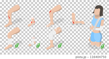 3D Isometric Flat  Illustration of How To Heal Injuries, Methods of Bandaging 116404750