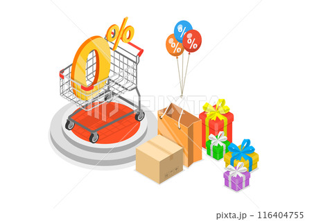 3D Isometric Flat  Illustration of 0 percent Interest Fee, Zero Percent Special Offer 116404755