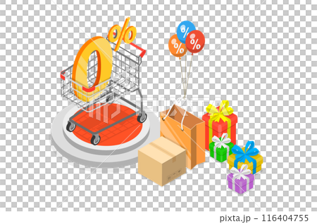 3D Isometric Flat  Illustration of 0 percent Interest Fee, Zero Percent Special Offer 116404755