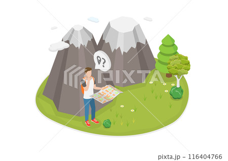 3D Isometric Flat  Illustration of Being Lost Outdoors, Dangerous Circumstances 116404766