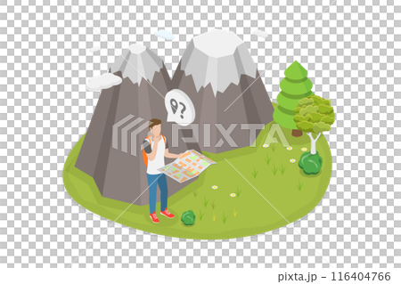 3D Isometric Flat Illustration of Being Lost Outdoors, Dangerous Circumstances 3D Isometric Flat Illustration of Being Lost Outdoors, Dangerous Circumstances 116404766