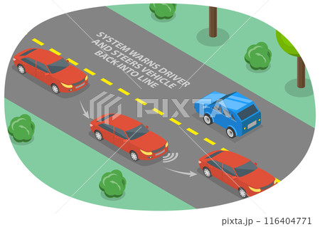 3D Isometric Flat Illustration of Lane Departure Warning System, Automobile Sensing Technology 3D Isometric Flat Illustration of Lane Departure Warning System, Automobile Sensing Technology 116404771