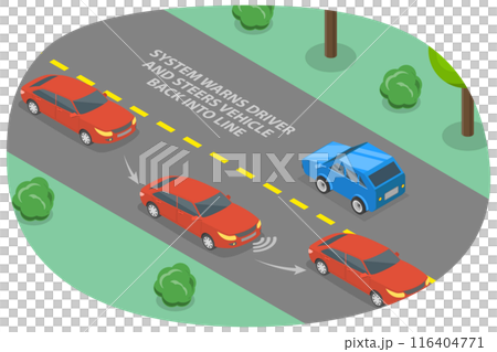 3D Isometric Flat Illustration of Lane Departure Warning System, Automobile Sensing Technology 3D Isometric Flat Illustration of Lane Departure Warning System, Automobile Sensing Technology 116404771