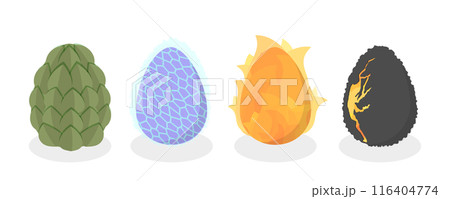 3D Isometric Flat Set of Dragon Eggs, Fairy Tale Stones 3D Isometric Flat Set of Dragon Eggs, Fairy Tale Stones 116404774