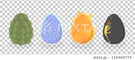 3D Isometric Flat Set of Dragon Eggs, Fairy Tale Stones 3D Isometric Flat Set of Dragon Eggs, Fairy Tale Stones 116404774