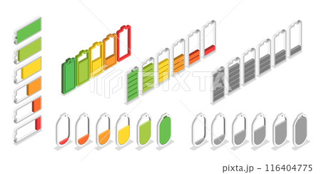 3D Isometric Flat Set of Charging Level Batteries, Charge Indicator 3D Isometric Flat Set of Charging Level Batteries, Charge Indicator 116404775