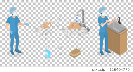 3D Isometric Flat Illustration of Surgical Hand Scrubbing, Washing Hands 3D Isometric Flat Illustration of Surgical Hand Scrubbing, Washing Hands 116404779