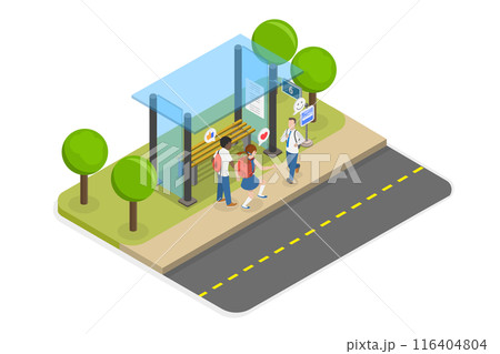 3D Isometric Flat  Illustration of Happy Students Waiting a Bus, Urban School Commuting for Kids 116404804