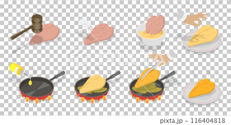 3D Isometric Flat Illustration of How To Prepare Chicken Schnitzel, Homemade Food Recipe 3D Isometric Flat Illustration of How To Prepare Chicken Schnitzel, Homemade Food Recipe 116404818