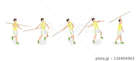 3D Isometric Flat Set of a Character Javeling Throwing, Sports Activity 3D Isometric Flat Set of a Character Javeling Throwing, Sports Activity 116404903