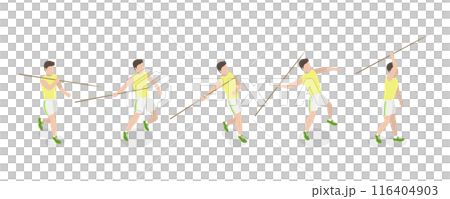 3D Isometric Flat Set of a Character Javeling Throwing, Sports Activity 3D Isometric Flat Set of a Character Javeling Throwing, Sports Activity 116404903