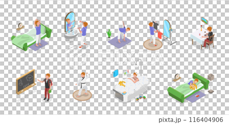 3D Isometric Flat  Illustration of Schoolchild Daily Routine, A Kid Life with Everyday Activities 116404906