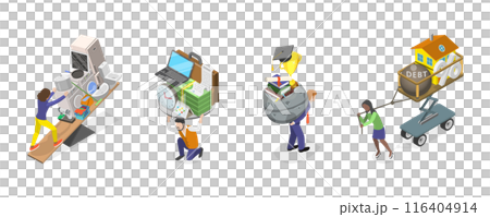 3D Isometric Flat  Set of Tired People, Pressure of Difficulties and Hardships 116404914