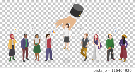 3D Isometric Flat  Illustration of Search Employer, Choosing a Professional Experienced Candidate Job Vacancy 116404920