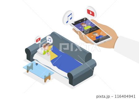3D Isometric Flat  Illustration of Mobile Phone Podcast , Relax at Home 116404941