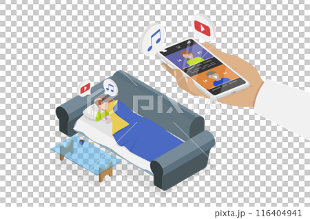 3D Isometric Flat  Illustration of Mobile Phone Podcast , Relax at Home 116404941
