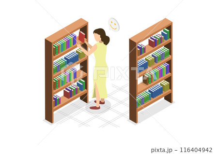 3D Isometric Flat  Illustration of Female Librarian, University Library 116404942