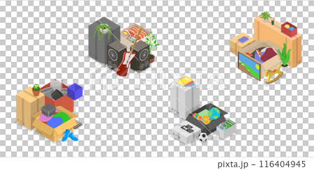 3D Isometric Flat  Set of Stuff For Moving, Boxes Packed with Belongings 116404945