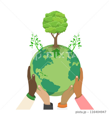 3D Isometric Flat  Illustration of Hands Holding Green Earth, Save Our Planet 116404947