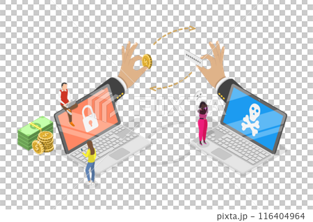 3D Isometric Flat  Illustration of Ransomware Data Leaking, Cyber Criminal Stealing Personal Data 116404964