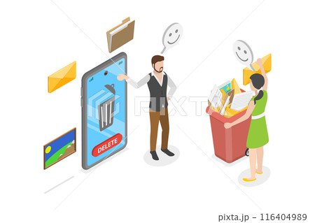 3D Isometric Flat  Illustration of Cleaning Mobile Phone, Message Trash 116404989