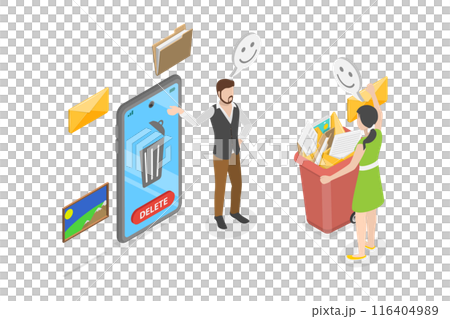 3D Isometric Flat Illustration of Cleaning Mobile Phone, Message Trash 3D Isometric Flat Illustration of Cleaning Mobile Phone, Message Trash 116404989