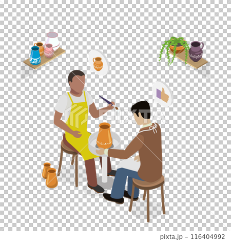 3D Isometric Flat Illustration of Craftsman, Creating and Paint Ceramic Pots 3D Isometric Flat Illustration of Craftsman, Creating and Paint Ceramic Pots 116404992