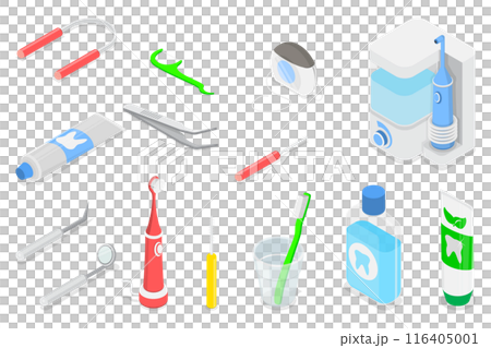 3D Isometric Flat  Illustration of Tooth Cleaning Tools, Dental Hygiene, Oral Care 116405001