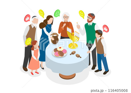 3D Isometric Flat  Illustration of Celebrating Hanukkah, Jewish Festival of Lights 116405008