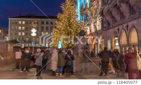 Fish Fountain, Fischbrunnen in front of the New New Town Hall at Marienplatz day to night transition timelapse in Munich, Germany 116405077