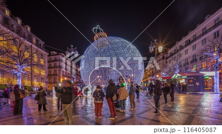 Panorama showing Christmas decorations with big ball on Luis De Camoes square night timelapse. 116405087