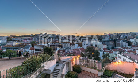 Panorama showing Jardim do Torel day to night timelapse with views to the city center of Lisbon after sunset. Portugal 116405094